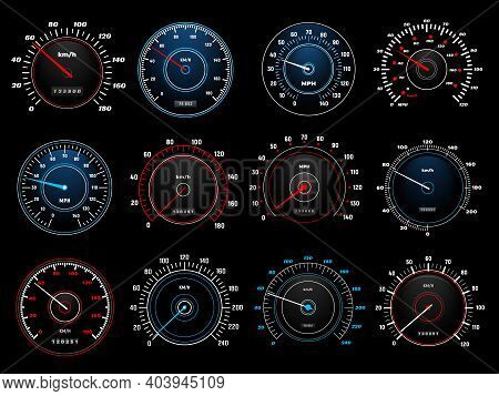Speedometers, Speed Indicator Vector Dashboard Dial Scales For Auto. Vehicle Board Realistic Interfa