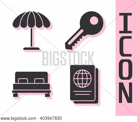 Set Passport, Sun Protective Umbrella For Beach, Big Bed And Key Icon. Vector
