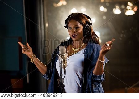 Waje Nigerian Singer Recording Vocal Part On Afro-pop Song In Studio
