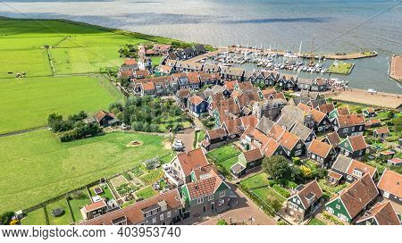 Aerial Drone View Of Marken Island, Traditional Fisherman Village From Above, Typical Dutch Landscap