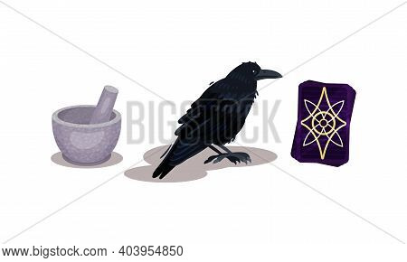 Fortune Telling Objects With Black Cat And Candle Vector Set