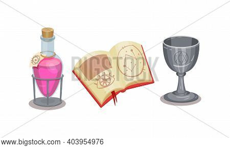 Fortune Telling Symbols With Potion In Jar And Spell Book Vector Set