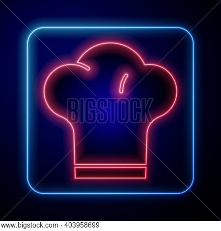 Glowing Neon Chef Hat Icon Isolated On Blue Background. Cooking Symbol. Cooks Hat. Vector