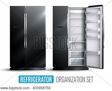 Refrigerator Organization Monochrome Set Of Opened And Closed Empty Wider Fridge On White Background