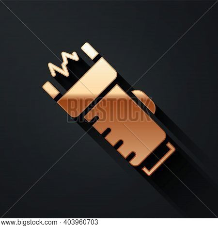 Gold Police Electric Shocker Icon Isolated On Black Background. Shocker For Protection. Taser Is An 