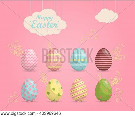 A Set Of Brightly, Colorful Painted Easter Eggs. Vector Illustration With A Happy Easter Wish. Flat 