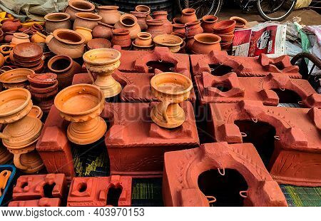 Kolhapur, Maharashtra, India- December 5th 2020;traditional Handmade Clay Stove Used In Village Area