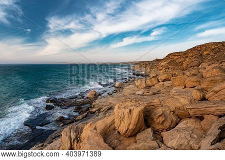 Shore Of The Caspian Sea In Winter. Windy Day. Area Of The Mangystau Peninsula, Kazakhstan