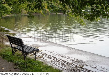 Sad Little Bench Sits All Alone By The Water With Mud And Puddles On The Path. Green Nature Backgrou
