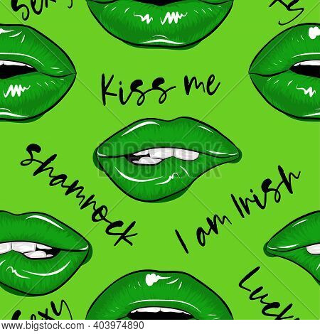 St Patrik's Day Patterni With Sexy Green Lips. Irish Leprechaun Shenanigans Lucky Charm Clover Funny