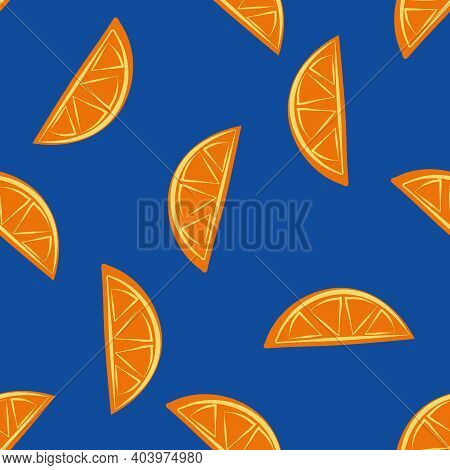 Citrus Fruit Halves Vector Seamless Pattern Background. Orange Slices On Cobal Blue Backdrop. Hand D