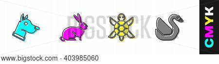 Set Dog Head, Rabbit, Turtle And Swan Bird Icon. Vector