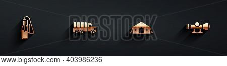 Set Cocktail Molotov, Military Truck, Medical Tent And Sniper Optical Sight Icon With Long Shadow. V
