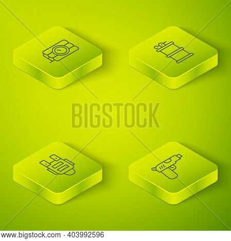 Set Isometric Line Hand Smoke Grenade, Bulletproof Vest, Pistol Or Gun And Dynamite Timer Clock Icon