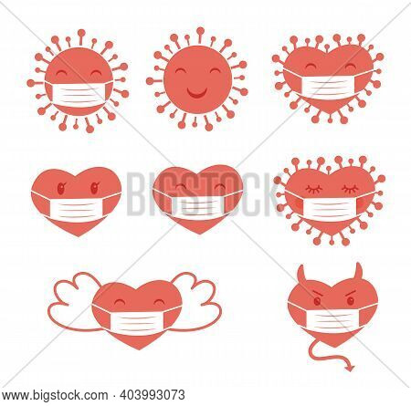 Set Of Hearts And Bacteria Wearing Surgical Face Mask. Heart Shaped Virus Covid 19, Angel Cupid With