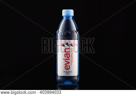 Prague,czech Republic-17 January, 2021: Evian Natural Mineral Water On The Black Background. Evian I