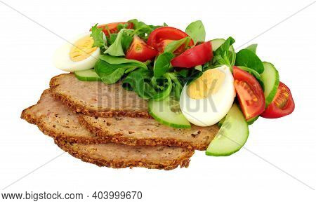 Thin Slices Of Haslet Meat With A Fresh Egg Salad Meal Isolated On A White Background, Haslet Is An 