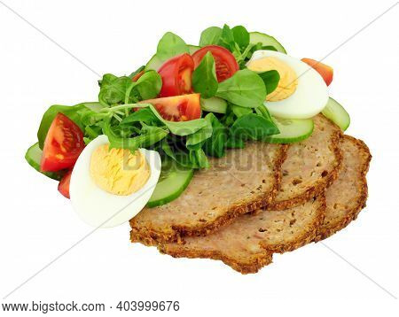 Thin Slices Of Haslet Meat With A Fresh Egg Salad Meal Isolated On A White Background, Haslet Is An 
