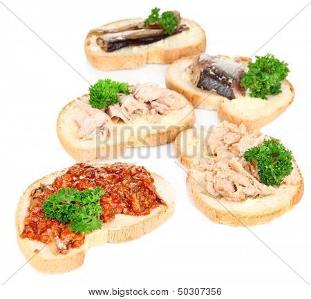 Tasty sandwiches with tuna and cod liver sardines different kinds of canned fish, isolated on white