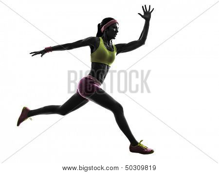 one caucasian woman runner running jumping  in silhouette on white background