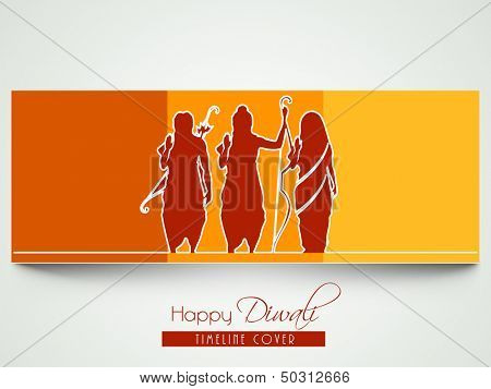 Happy Diwali celebration greeting card with silhouette of Lord Rama with his wife Sita and brother Laxman. 