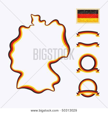 Outline map of Germany. Border is marked with a ribbon in the national colors. The package contains a stamp with flag and frames. The file is made with no transparencies and gradients.