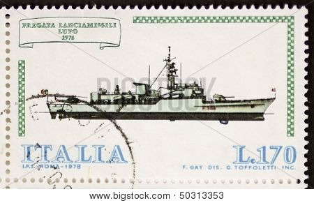 ITALY -CIRCA 1978: a stamp printed in Italy shows image of  Rocket Launcher Frigate Lupo (Italian Navy). Italy, circa 1978