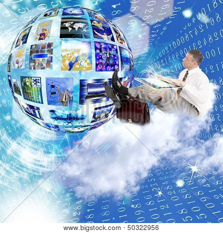 Businessman on the cloud. Internet concept.