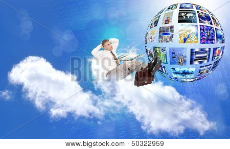 Businessman on the cloud. Internet concept