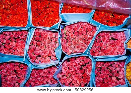 Roses On The Flowermarket, Early Morning In Bangkok