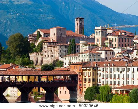 The Old Wooden Bridge Spans The River Brenta At The Romantic Village Basano Del Grappa