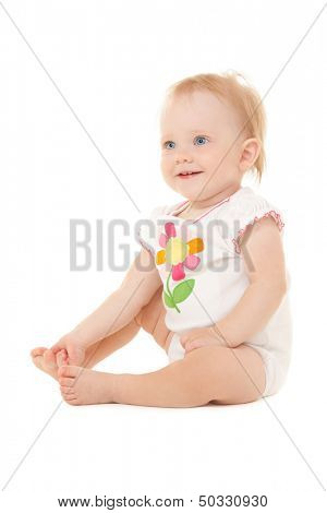 Cute baby with beautiful blue eyes on the white bacgkround