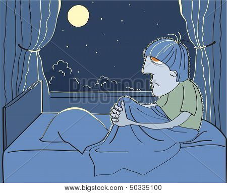 Man Suffers From Insomnia In His Bed.vector Night Illustation