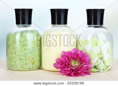 Aromatherapy minerals - colorful bath salt on light background
