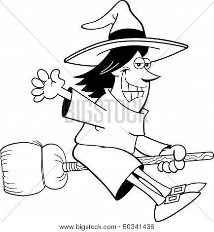 Cartoon witch riding a broom