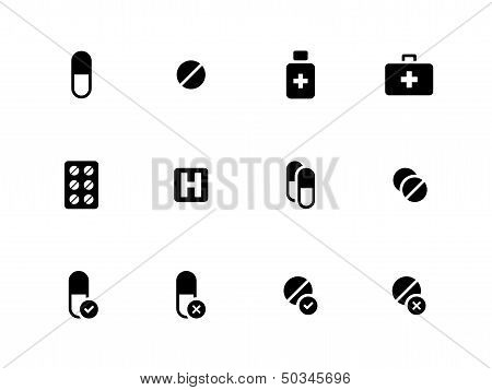 Pills, medication icons on white background.