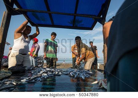 PADANG - AUGUST 25: Fishmongers wait for customers in a stall at an outdoor village market in Padang, West Sumatera, Indonesia on August 25, 2013. Resources from the sea is a major revenue earner.