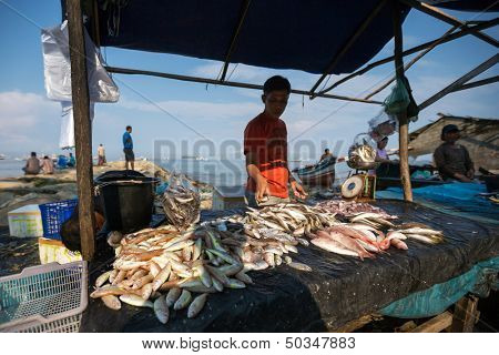 PADANG - AUGUST 25: A fishmonger waits for customers in a stall at an outdoor village market in Padang, West Sumatera, Indonesia on August 25, 2013. Resources from the sea is a major revenue earner.  