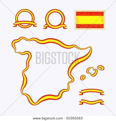 Outline map of Spain. Border is marked with a ribbon in the national colors.