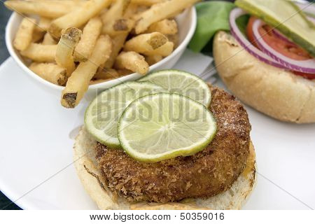 Crabcake Burger With French Fries Closeup Macro