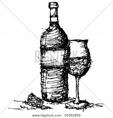 Sketch Drawing Of Wine Bottle And Glass Vector.eps