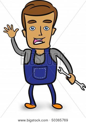 Cartoon mechanic holding a wrench.