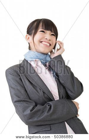 Young asian business woman using cell phone. Isolated on the white background.