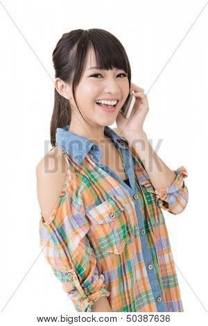 Young pretty asian woman talking on a cell phone. Half length potrtait. Isolated on the white background.