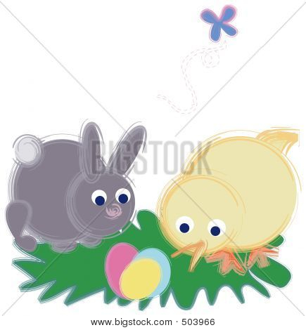 Illustreret Chick og Bunny ser på påskeæg.