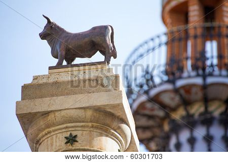 Aragon Teruel El Torico statue and modernist building in Plaza Carlos Castel square at Spain