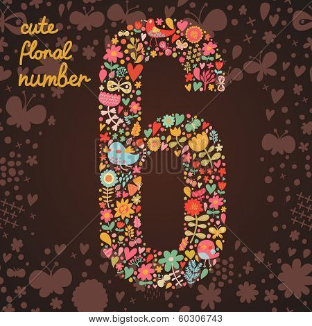 The number 6. Bright floral element of colorful alphabet made from birds, flowers, petals, hearts and twigs. Summer floral ABC element in vector