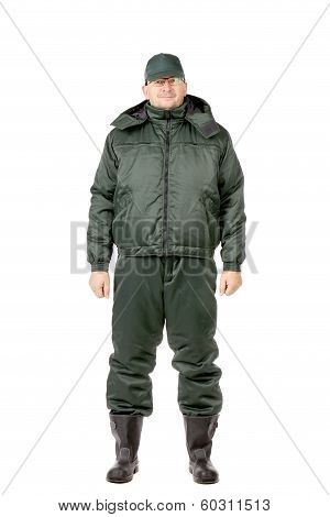 Worker in winter vest and pants.
