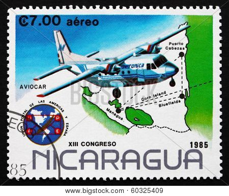 Postage Stamp Nicaragua 1985 Aviocar Mail Plane Over Map