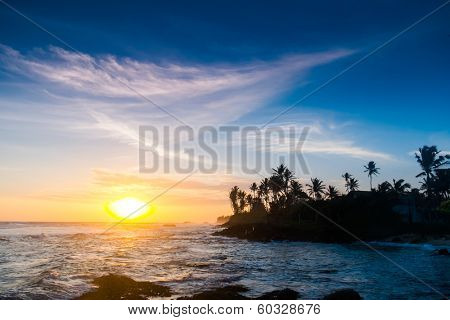 Extremely beautiful  sunset under the coconut plams on Sri Lanka beach.